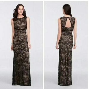 NW Nightway Black Nude Stretch Laced Sequined Gown Long Sleeveless Keyhole Sz 4